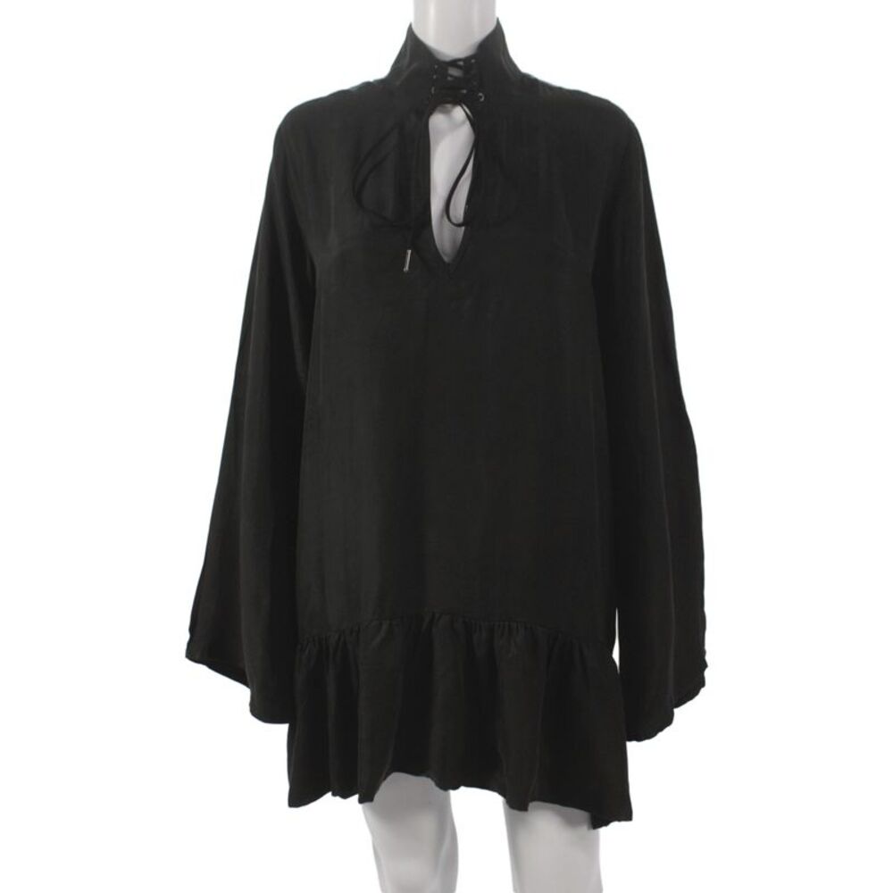 One Teaspoon Women Tunic Black Long Sleeve High Neck Lace Up Cupro Boho Size S